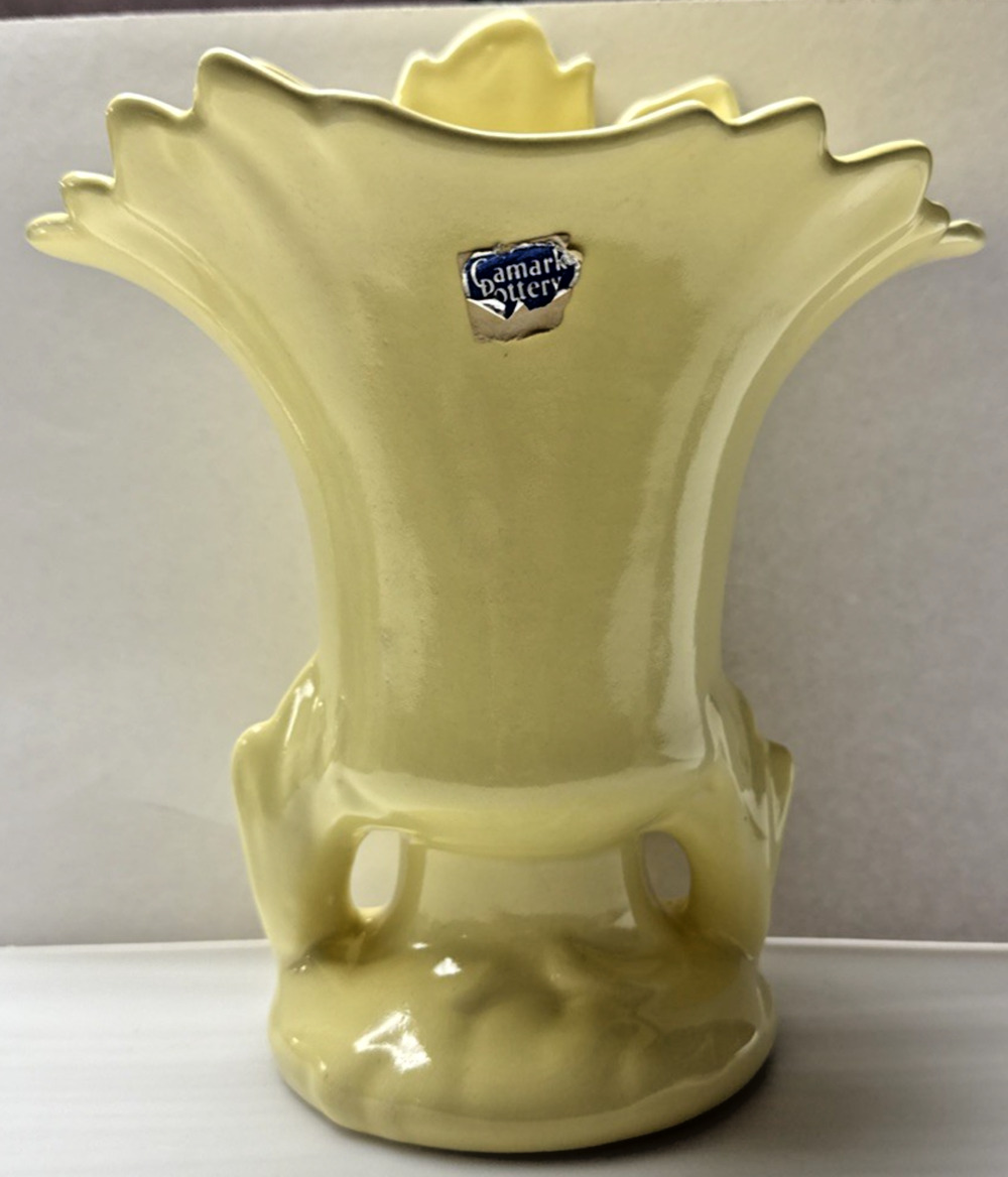 Vintage Camark Art Pottery Vase Planter Handles Leaf Shaped Yellow #807 As-Is